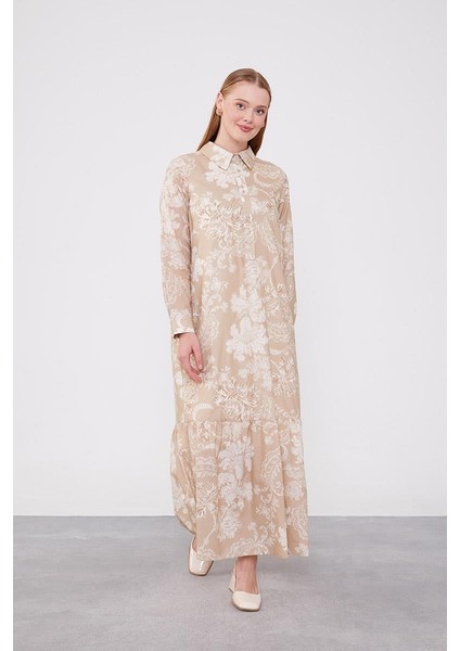 Bej Gömlek Yaka Eteği Volanlı Elbise