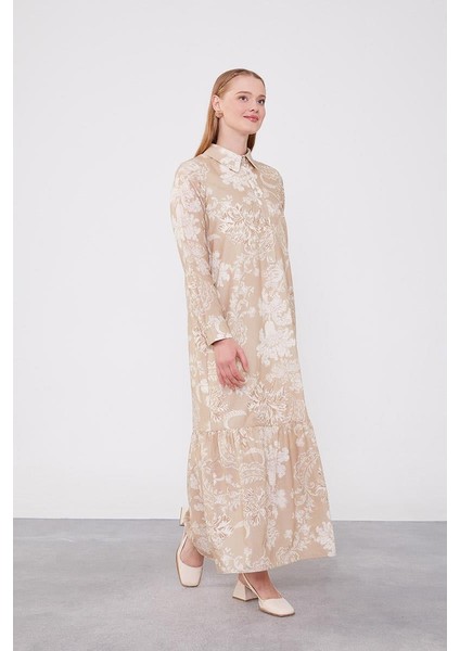 Bej Gömlek Yaka Eteği Volanlı Elbise fiyatları