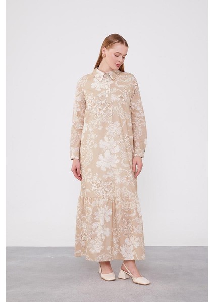 Bej Gömlek Yaka Eteği Volanlı Elbise modelleri