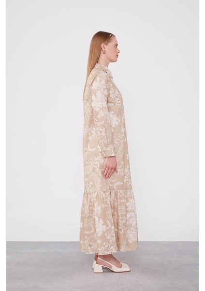 Bej Gömlek Yaka Eteği Volanlı Elbise fırsatları