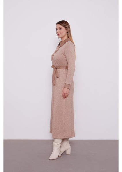 Koyu Bej Kendinden Simli Kaşmir Elbise modelleri