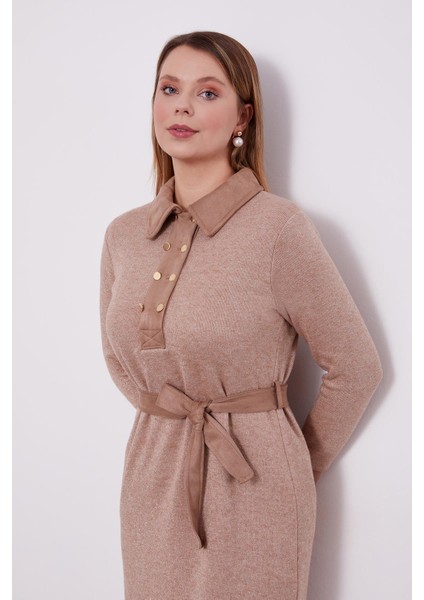 Koyu Bej Kendinden Simli Kaşmir Elbise fırsatları