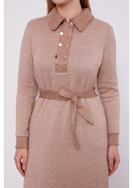 Koyu Bej Kendinden Simli Kaşmir Elbise indirimleri