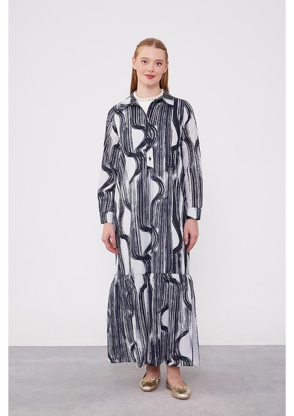 Siyah Eteği Volanlı Astarsız Pamuklu Elbise