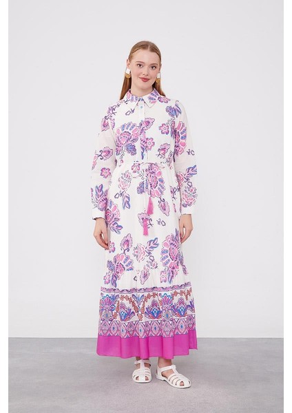 Fuşya Gömlek Yaka Beli Ip Detaylı Elbise