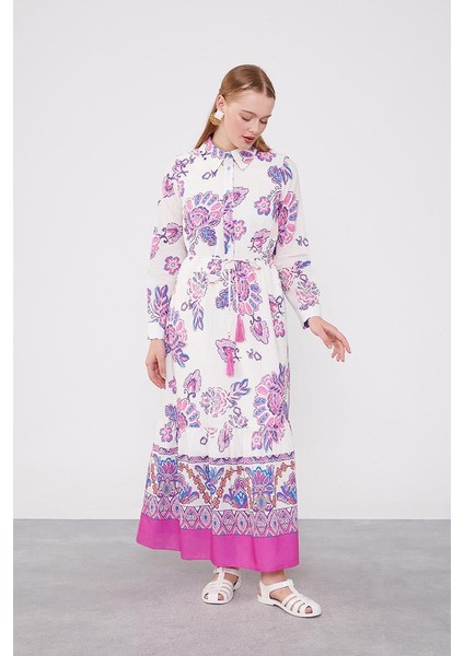 Fuşya Gömlek Yaka Beli Ip Detaylı Elbise modelleri