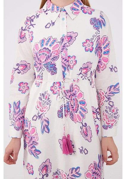 Fuşya Gömlek Yaka Beli Ip Detaylı Elbise indirimleri