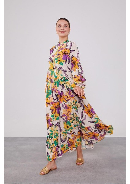 Hardal Eteği Volanlı Empirme Elbise modelleri