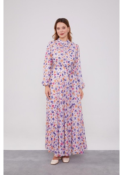 Mor Çiçek Desenli Belden Kuşaklı Elbise