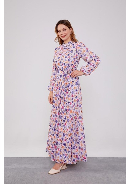Mor Çiçek Desenli Belden Kuşaklı Elbise fiyatları