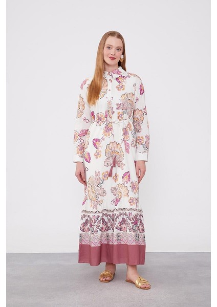 Gül Gömlek Yaka Beli Ip Detaylı Elbise