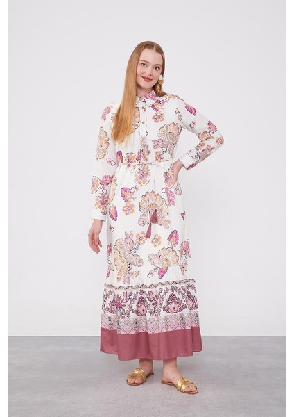 Gül Gömlek Yaka Beli Ip Detaylı Elbise modelleri