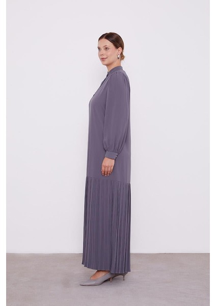 Antrasit Hakim Yaka Eteği Piliseli Şifon Elbise modelleri