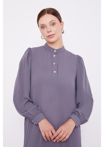 Antrasit Hakim Yaka Eteği Piliseli Şifon Elbise fırsatları