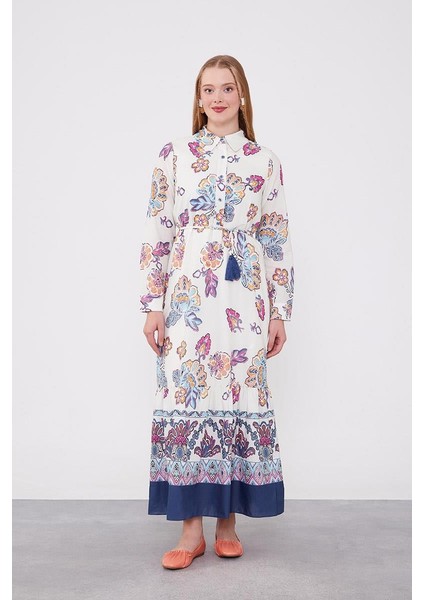 Lacivert Gömlek Yaka Beli Ip Detaylı Elbise