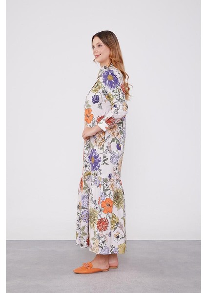 Yeşil Çiçekli Gömlek Yaka Empirme Elbise modelleri