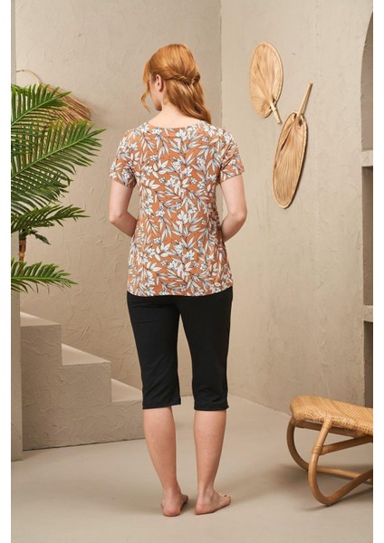 25178 Kadın V Yaka Kısa Kollu Çiçek Desenli Kapri Takım fırsatları