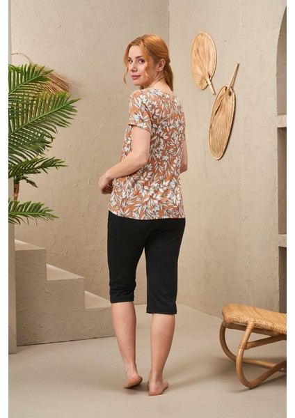 25178 Kadın V Yaka Kısa Kollu Çiçek Desenli Kapri Takım indirimleri