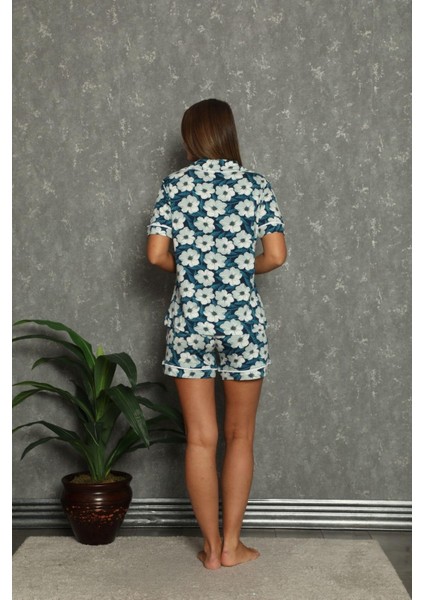 Kadın Papatya Desen Düğmeli Şortlu Pijama Takımı modelleri