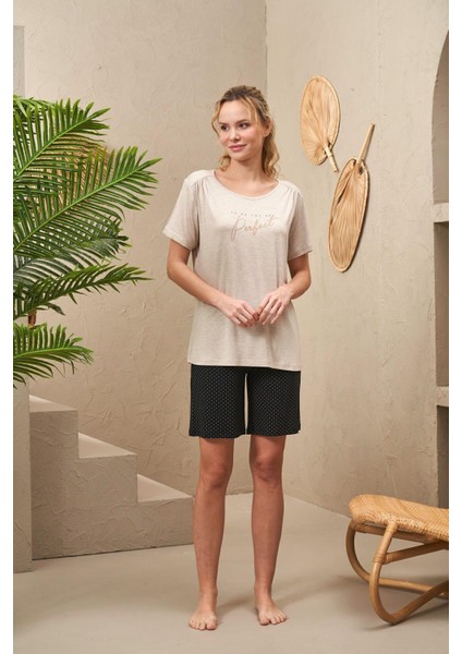 25184 Kadın Yuvarlak Yaka Kısa Kollu Baskılı Puanlı Şort Takım fiyatları