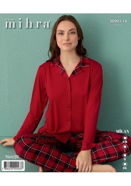 Milan Uzun Kol Önden Düğmeli Ekoseli Pijama Takımı