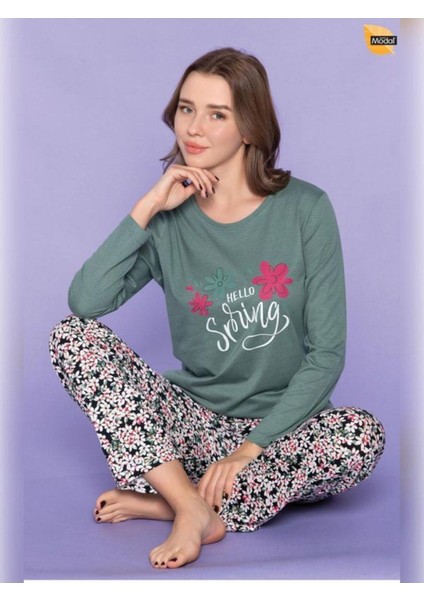 Sıfır Yaka Uzun Kollu Kadın Pijama Takımı