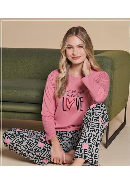 Sıfır Yaka Uzun Kollu Kadın Pijama Takımı