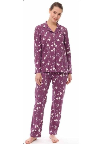 Pijadore Kadın Lila Düğmeli Pamuklu Uzun Kollu Pijama Takımı 1546