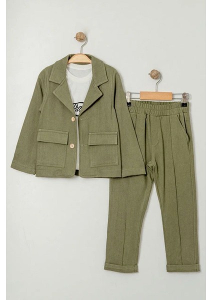 Keten Ceketli Çimalı Erkek Çocuk 3 lü takım - Yeşil