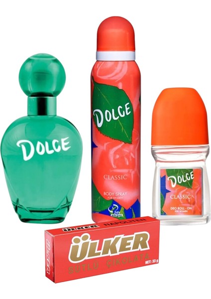 Set 100 ml Parfüm + 150 ml Deodorant + 50 ml Roll On + Ülker-Napoliten Sütlü Çikolata 33 gr