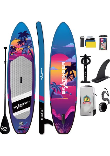 Lethe Boards Sunset Sup Board Double Layer Paddle Board Skatinger Şişme Sörf Tahtası Full Set 335 x 84 x 15 cm Kolayca Taşınabilir + Su Geçirmez Telefon Kılıfı Hediye