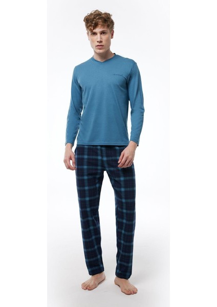Füme Ekoseli Erkek Pijama Takımı V Yaka Kışlık Uzun Kollu Pijama 6014