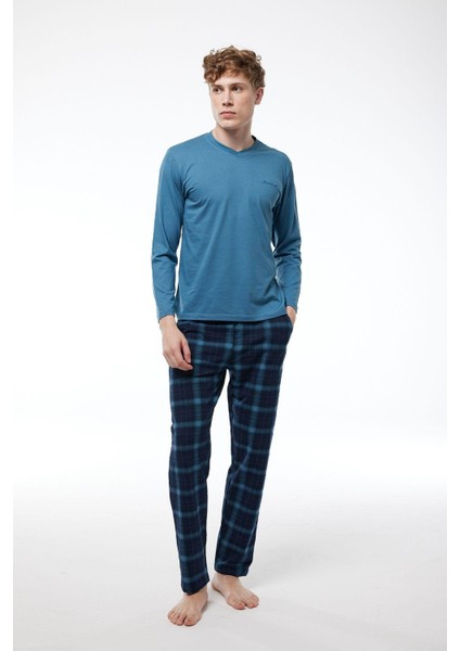 Füme Ekoseli Erkek Pijama Takımı V Yaka Kışlık Uzun Kollu Pijama 6014