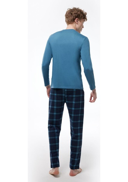 Füme Ekoseli Erkek Pijama Takımı V Yaka Kışlık Uzun Kollu Pijama 6014