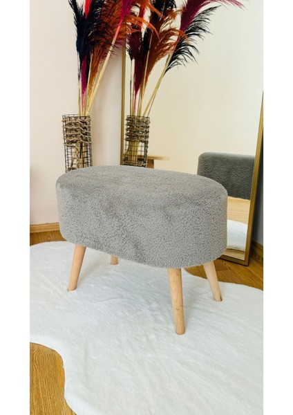 Oval Model Ahşap Ayaklı Teddy Kumaş Dekoratif Puf Bench