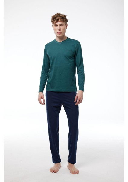 Mavi Erkek Pijama Takımı V Yaka Kışlık Uzun Kollu Pijama 6011 fiyatları