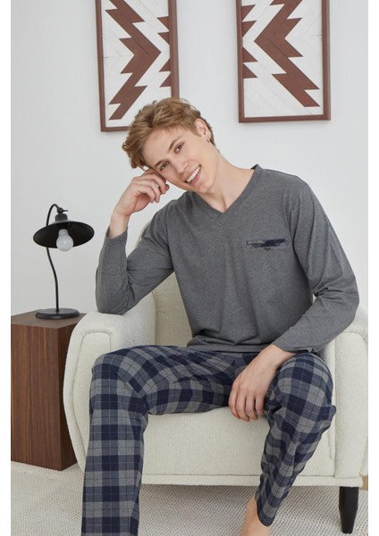 Kly 6003 V Yaka Ekoseli Orta Kalın Pijama Takım