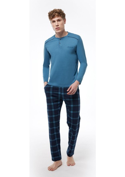 Füme Ekoseli Erkek Pijama Takımı Düğmeli Yaka Kışlık Uzun Kollu Pijama 6015