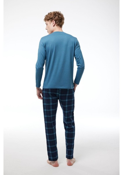 Füme Ekoseli Erkek Pijama Takımı Düğmeli Yaka Kışlık Uzun Kollu Pijama 6015
