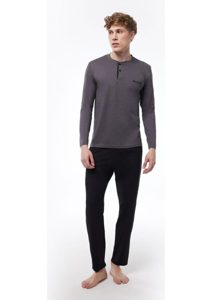 Erkek Füme Düğmeli Yaka Uzun Kollu Kışlık Pijama Takımı 6010