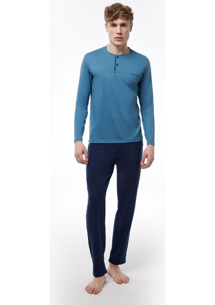 Erkek Füme Düğmeli Yaka Uzun Kollu Kışlık Pijama Takımı 6010