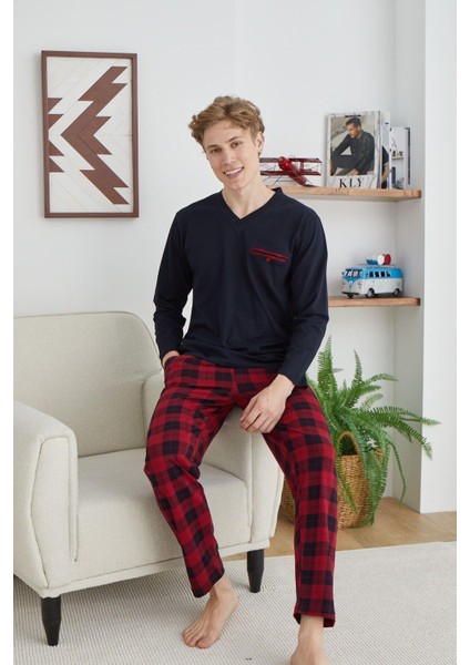 Kly 6003 V Yaka Ekoseli Orta Kalın Pijama Takım