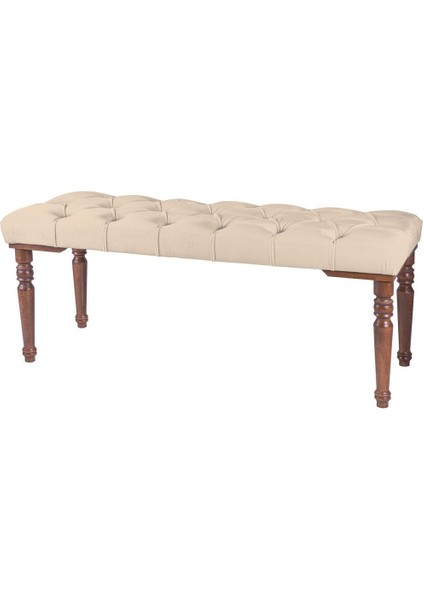 Gazzini Classic Torna Gürgen Ahşap Ayak Chester Model Kapitoneli Krem Puf Bench - Ceviz Ayak