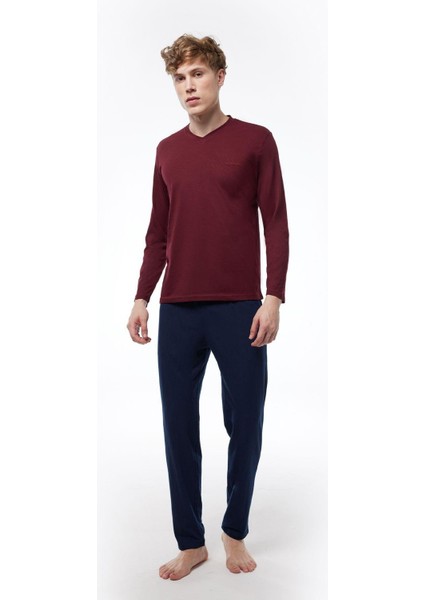 Mavi Erkek Pijama Takımı V Yaka Kışlık Uzun Kollu Pijama 6011