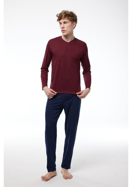 Mavi Erkek Pijama Takımı V Yaka Kışlık Uzun Kollu Pijama 6011 fiyatları