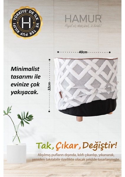 Yıkanabilir Puf Tabure Kılıfı Tak-Çıkar-Değiştir-Yenile Orta Sehpa Kılıfı By Mila Gri indirimleri