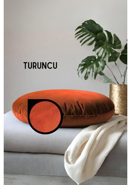 Yuvarlak Pofuduk Yer Minderi Puf Minder Bench Yumuşak Kumaş 68 x 68 x 15 cm Turuncu