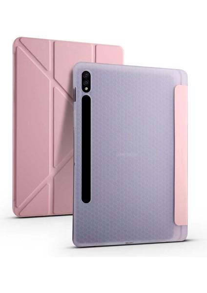 Galaxy Tab S7 Plus T970 Kılıf Uyumlu Zore Tri Folding Kalem Bölmeli Standlı Kılıf-Rose Gold