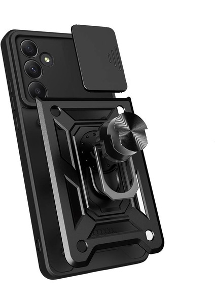 Galaxy A55 Kılıf Magnetik Standlı Kamera Korumalı Zore Sürgülü Vega Kapak-Siyah modelleri