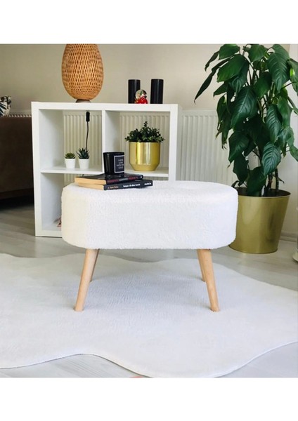 Gürgen Ahşap Ayak Kırık Beyaz Pofidik Tedy Handmade Oval Puf Bench Sandalye